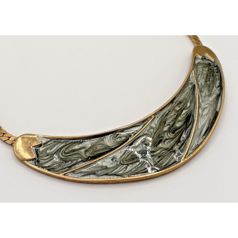 Vintage Enamel Statement Marbled Grey Gold Tone  Crescent Bib Collar Necklace